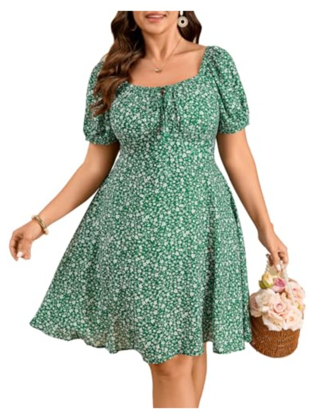 Plus Size Floral Mini Dress Square Neck Milkmaid A-Line Short Sleeve
